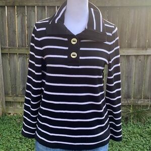 Ralph Lauren Black & White Striped Pullover Sweater with Gold Buttons